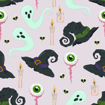 Cartoon Halloween witchcraft seamless pattern with eyeballs, ghosts and whitch hat template. Spooky vector illustration for games, background, pattern, decor. Print for fabrics and other surfaces.