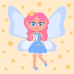Beautiful cute little tooth fairy with pink hair on a yellow with stars background. Cartoon illustration.