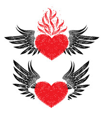 Fototapeta na wymiar vintage graphic red heart with open black wings in retro style on a white background. Vector for logo, label, emblem, sign, trademark, tattoo, art.