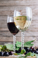 Glasses of red and white wine.