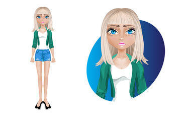 Stylish young woman in shorts and a green jacket. Beautiful cartoon character modern. Pose- Sad.