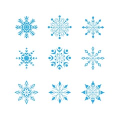 Fototapeta na wymiar Set of beautiful blue snowflakes isolated on a white background. Winter decor elements for postcards, wrapping paper, banners and more. Stock vector illustration for decoration and design