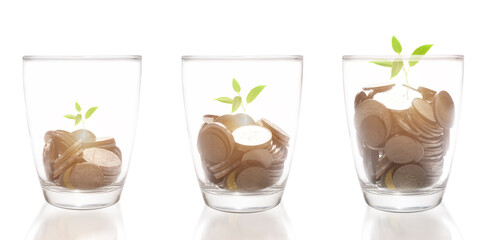 Plants growing on stacks of coins in glass cup on white background. money saving and investment financial and successful growing concept.