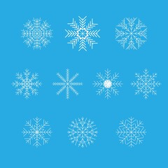 Fototapeta na wymiar Set of delicate white snowflakes isolated on a blue background. Winter decor elements for postcards, wrapping paper, banners and more. Stock vector illustration for decoration and design