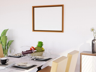 Blank Photo Frame Realistic Mockup in the Dining Room. 3D Rendering, 3D illustration.