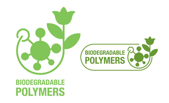 Biodegradable Polymers Green Emblem With Plastic Polymer Molecular Structure And Flower - Eco-friendly Plastic Products Marking