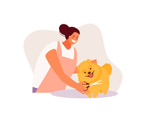 Grooming salon. Girl groomer cuts a dog vector illustration