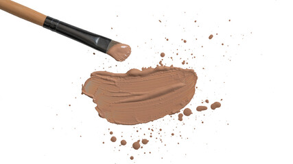 Cosmetics -Concealer, correction of splashes of skin face color. Nude color correction cream stain smear swatch sample. Creamy texture of the makeup foundation and brush, isolated on white background
