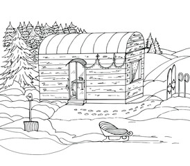 Coloring book camping in winter with a house, skis, sled, snow, forest, shovel. Vector illustration for a book, greeting card, poster, sticker, design, Wallpaper, game.