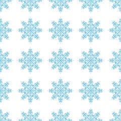 Chic seamless pattern of blue snowflakes on a white background. Winter decor items for postcards, wrapping paper, fabric, wallpaper and more. Stock vector illustration for decoration and design