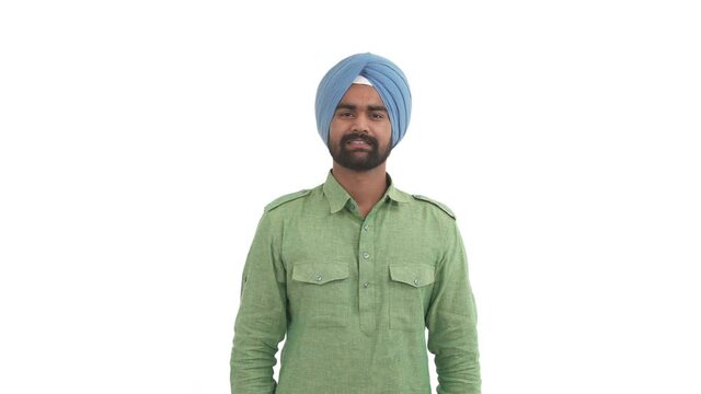 Portrait of Indian man making horizontal clap expressing pleasure and approval. Indian common gesture. Isolated on white background