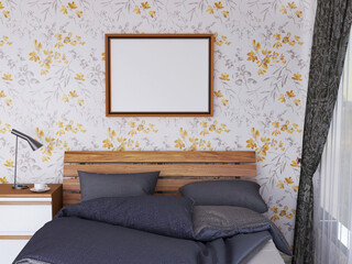 Interior Bedroom Photo Frame Realistic Mockup. 3D Rendering, 3D illustration.