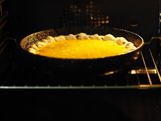 Round homemade pie with pumpkin, crushed walnuts with beaten eggs in a pan in the oven for baking.