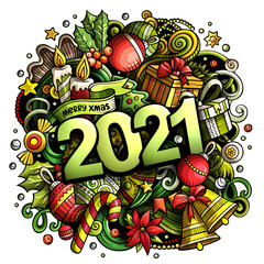 2021 hand drawn doodles illustration. New Year objects and elements poster