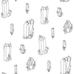 Monochrome seamless pattern with hand drawn crystals on white background. Vector