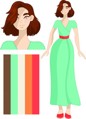 Cartoon brunette girl. Brown hair woman flat character with color scheme and close up template set. Vector illustration for games, background, pattern, decor.