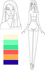 Cartoon girl. Young woman flat character with color scheme and close up template set. Vector illustration in black and white for games, background, pattern, decor. Coloring paper, page, story book