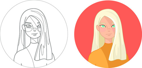 Cartoon blonde girl. Light hair young woman flat character close up template set. Vector illustration on bright orange circle in color and black and white for games. Coloring paper, page, story book
