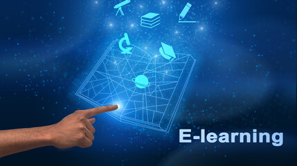 Male Hand Touching Holographic Book Learning Online, Blue Background, Panorama