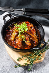 baked eggplant in tomato sauce. Gray background. Top view