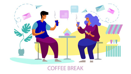Two people talking during a coffee break and communicate in the media space. Vector illustration