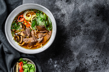 Traditional Vietnamese soup Pho bo with herbs, meat, rice noodles, broth. Black background. Top...