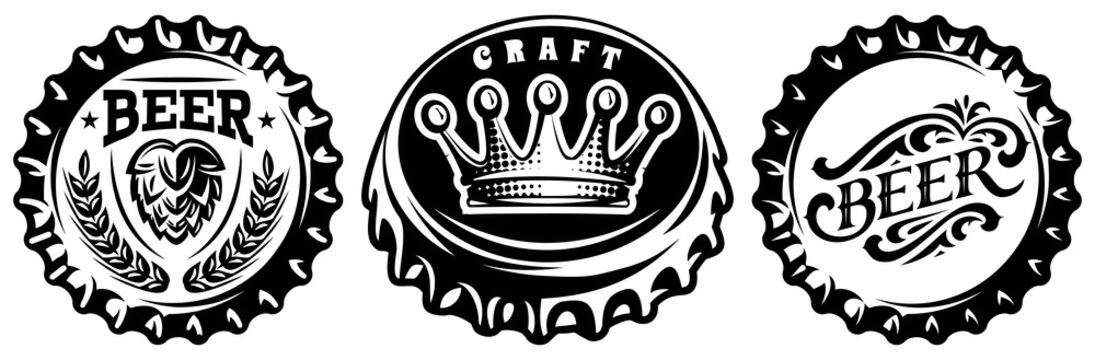 Bottle cap set. Vector monochrome illustration. Elements for design