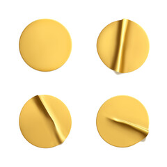 Gold round crumpled stickers mock up set. Adhesive golden foil or plastic sticker label with wrinkled effect on white background. Blank template label tags. 3d realistic vector