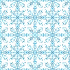 Seamless lace pattern from blue snowflakes on a white background. Winter decor elements, design in a flat style for cards, wrapping paper, fabric, wallpaper and more. Stock vector illustration