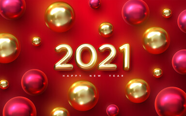 Happy New 2021 Year. Holiday vector illustration of golden metallic numbers 2021 with christmas balls. Realistic 3d sign. Characters and baubles on red background. Festive poster or banner design