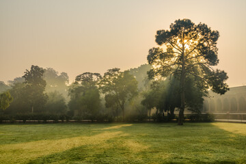 Naklejka premium Awesome sunrise at gardens of the Taj Mahal complex, India