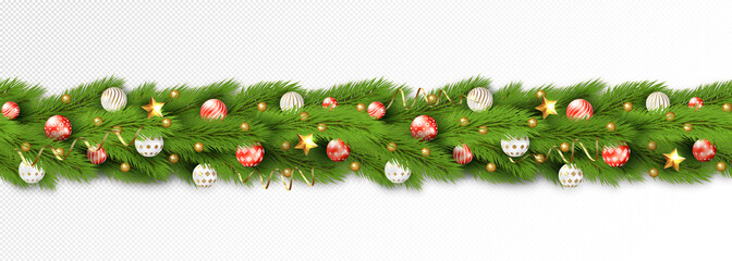 Detailed Seamless Christmas Garland with white and gold balls. Vector, 3d illustration