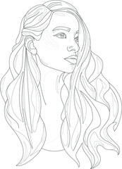 Cartoon girl with long hair, character close up template. Vector illustration in black and white for games, background, pattern, decor. Coloring paper, page, story book