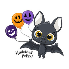 Cute bat with balloon. Happy Halloween card. Vector illustration