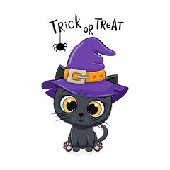 Cute kitten with hat. Happy Halloween card. Vector illustration