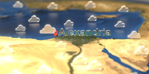 Alexandria city and cloudy weather icon on the map, weather forecast related 3D rendering