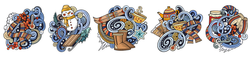 Winter cartoon vector doodle designs set.