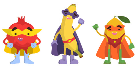 Set of superhero fruits. Pomegranate, banana and lemon in cartoon style.