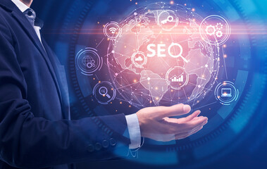 Businessman Holding Holographic Globe With Word Seo, Blue Background, Collage