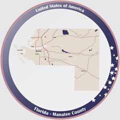 Round button with detailed map of Manatee County in Florida, USA.