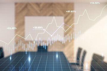 Multi exposure of virtual abstract financial graph interface on a modern coworking room background, financial and trading concept