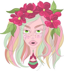 Cartoon girl with colorful hair and flower crown, character in spring and fall colors close up template. Vector illustration for games, background, pattern, decor.