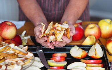 The process of harvesting dried apples. Hobby of an elderly woman. Hands hold dried apples on the background of the kitchen table with fresh fruits.