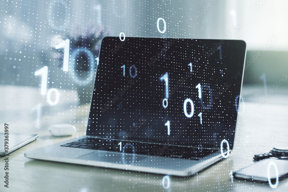 Aufkleber double exposure of creative abstract binary code hologram on laptop background. database and program