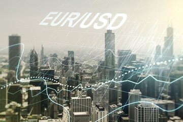 Fototapeta na wymiar EURO USD forex graph sketch on Chicago office buildings background, strategy and forecast concept. Multiexposure