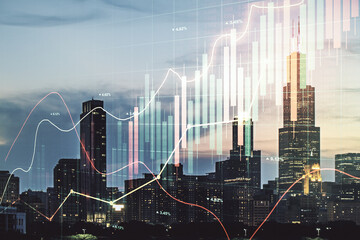 Multi exposure of virtual abstract financial graph interface on Chicago cityscape background, financial and trading concept