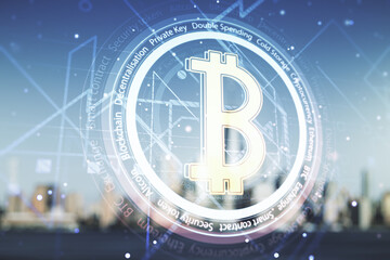 Virtual Bitcoin sketch on blurry skyscrapers background. Double exposure