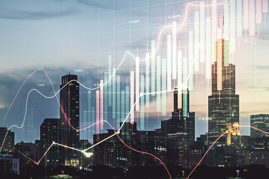 Multi exposure of virtual abstract financial graph interface on Chicago cityscape background, financial and trading concept