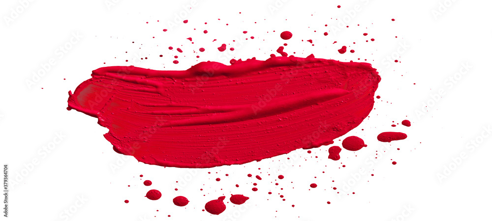 Poster Colorful color acrylic paint background banner - Abstract stroke / splash stains blobs brush of red paint, isolated on white texture