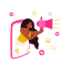 A woman holds a Megaphone or Megaphone from the phone screen. The concept of social video marketing, online advertising, Internet promotion, digital advertising or promo actions. Flat vector.